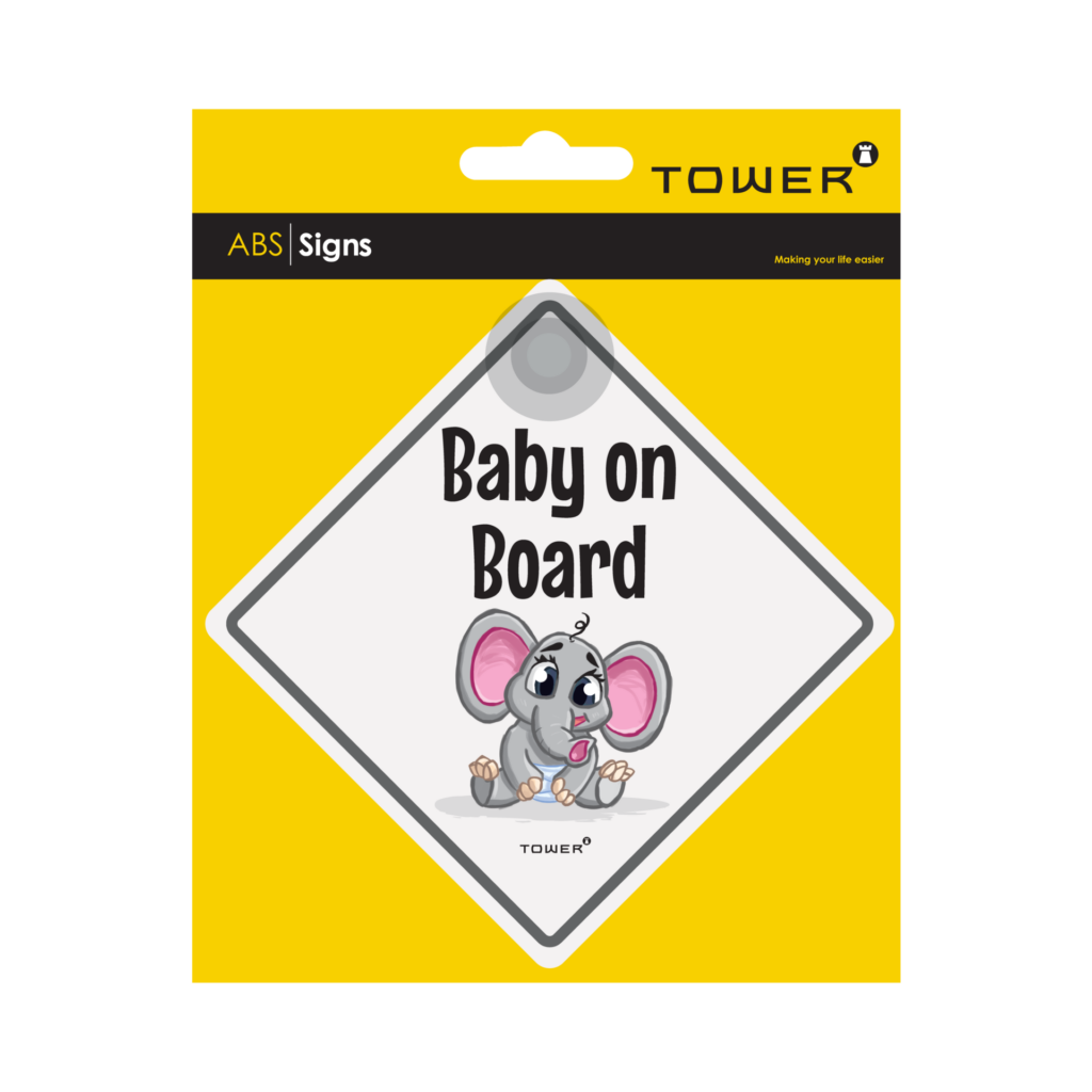TOWER’s cute elephant baby on board sign on a car