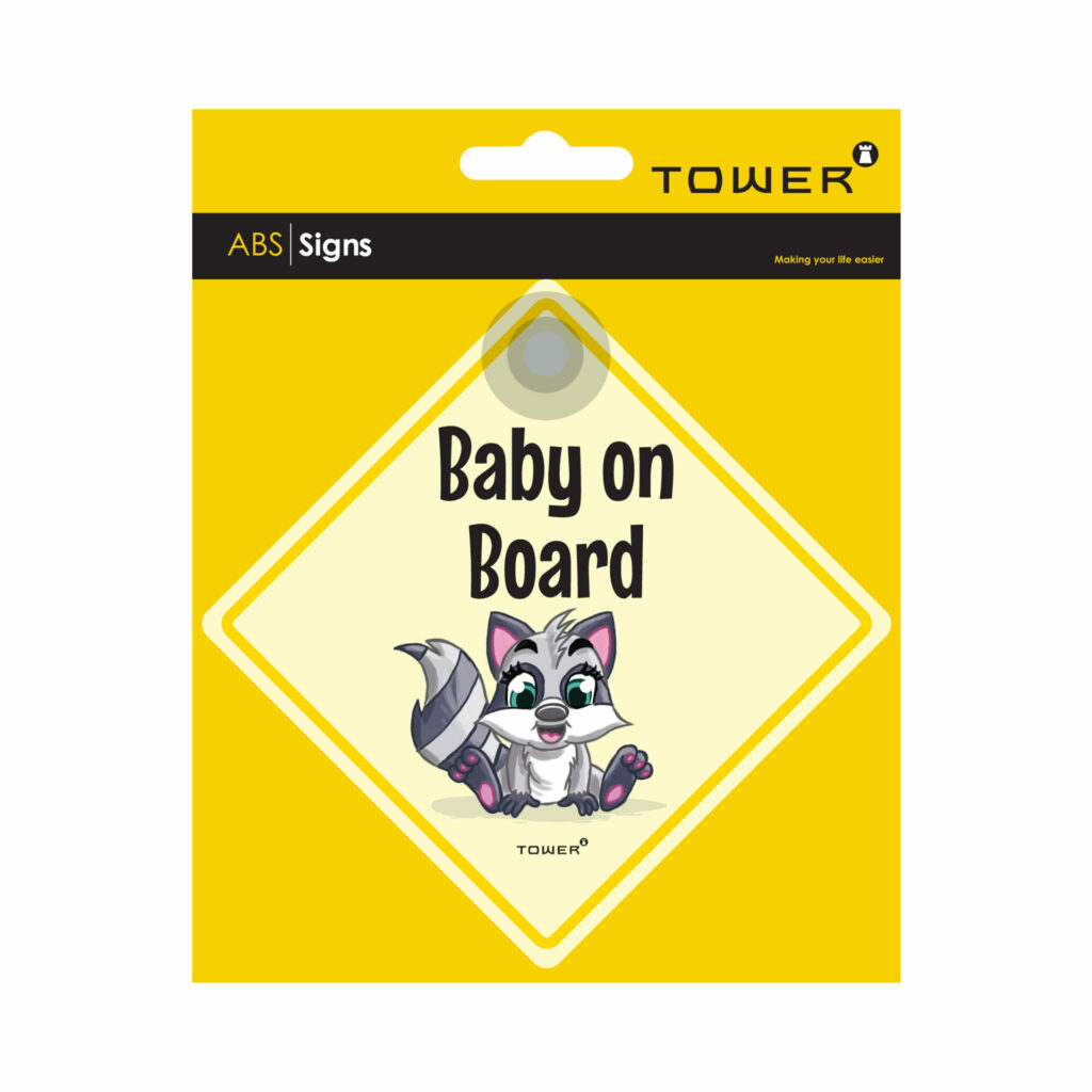TOWER’s cute raccoon baby on board sign on a car