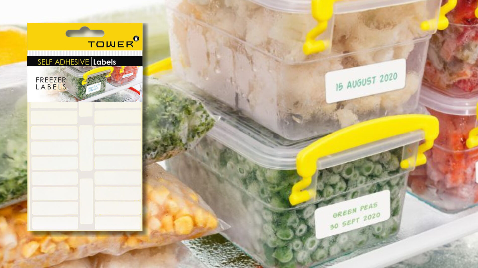 Frozen food labelled with TOWER freezer labels